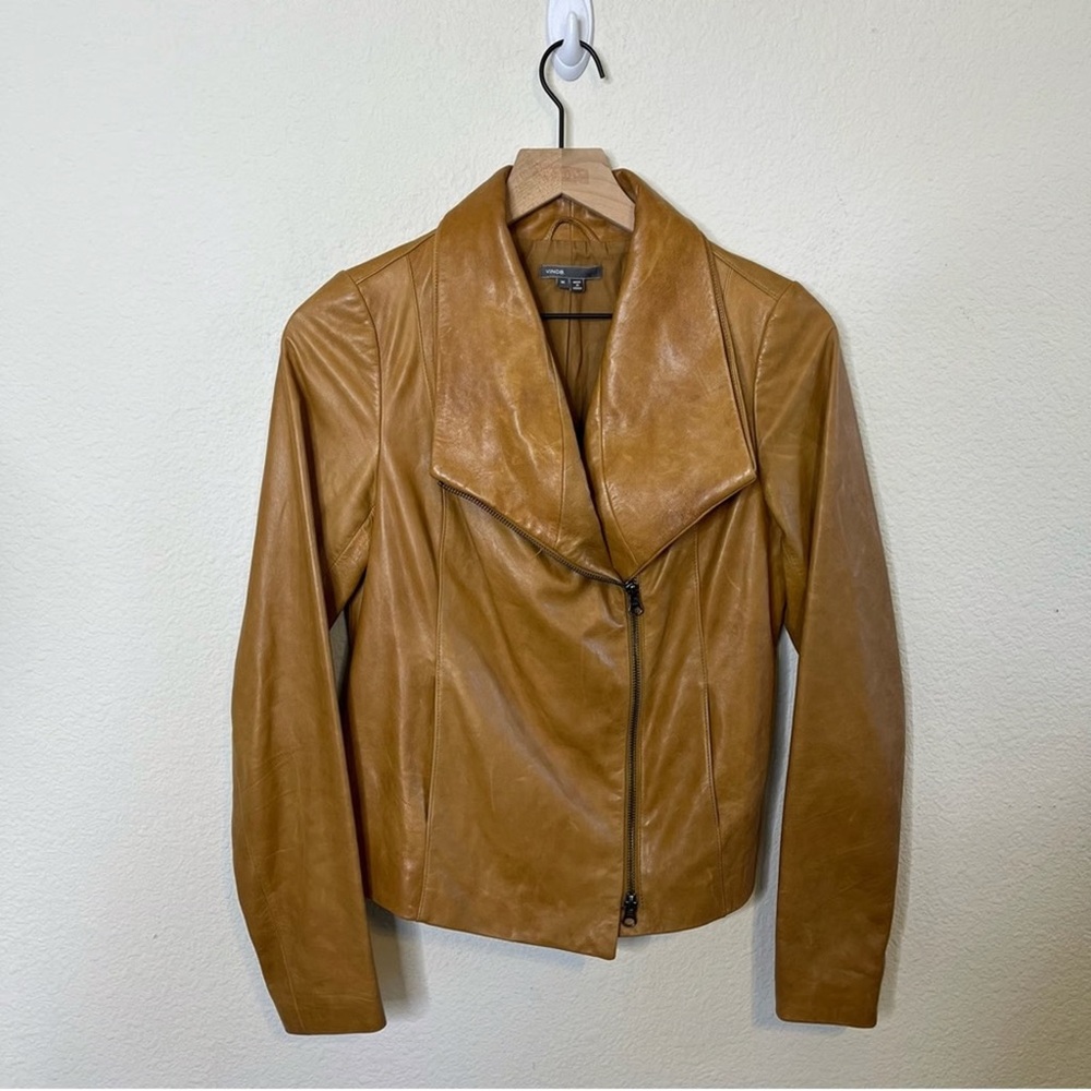 Vince Camel Leather Moto Cross Zip Jacket